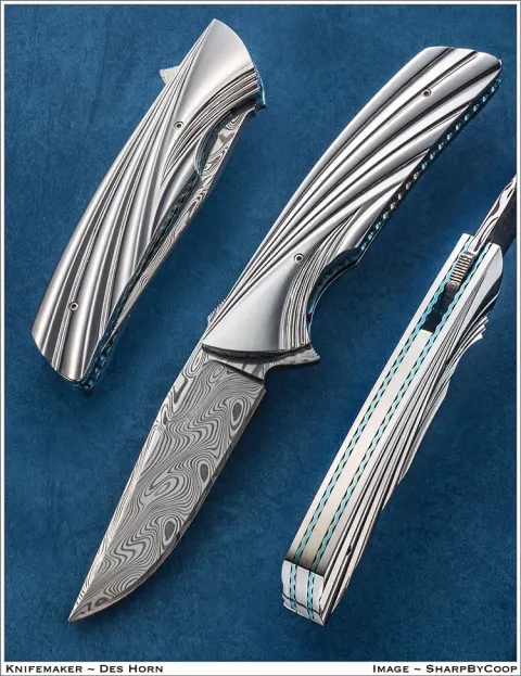 Fluted flipper, damascus blade by Des Horn