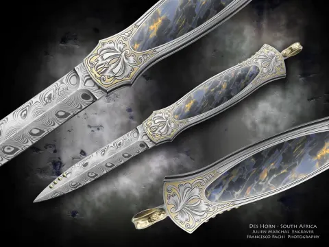 Engraved dagger folder, peacock damascus by Des Horn