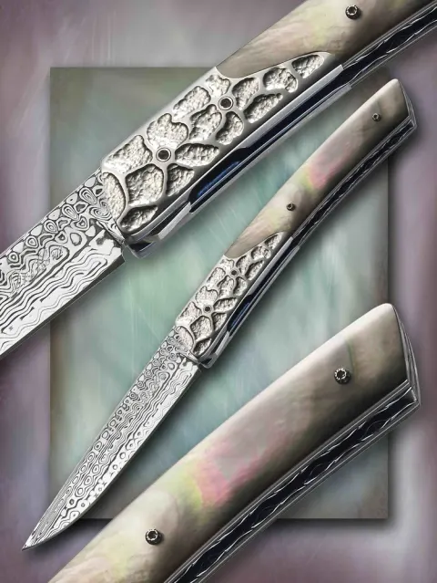 Mother-of-pearl folder, hammered bolster by Des Horn