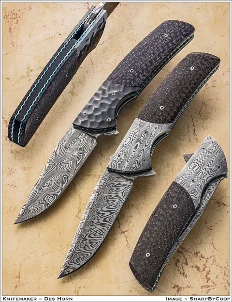 Carbon-fibre and damascus flipper by Des Horn