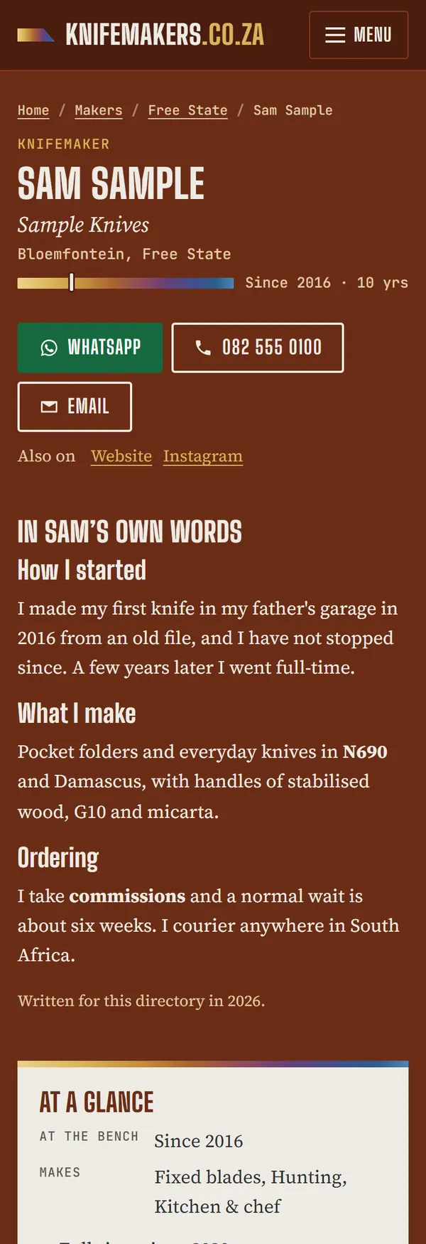 A maker's page with contact buttons
