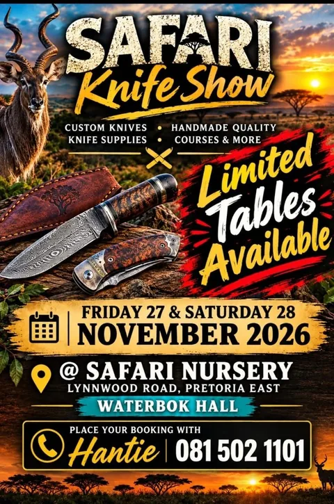 Poster for the Safari Knife Show: Friday 27 and Saturday 28 November 2026 at Safari Nursery, Pretoria East